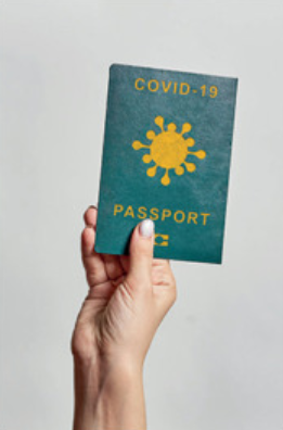 Trzymana w dłoni mała książeczka podpisana Covid-19 Passport.