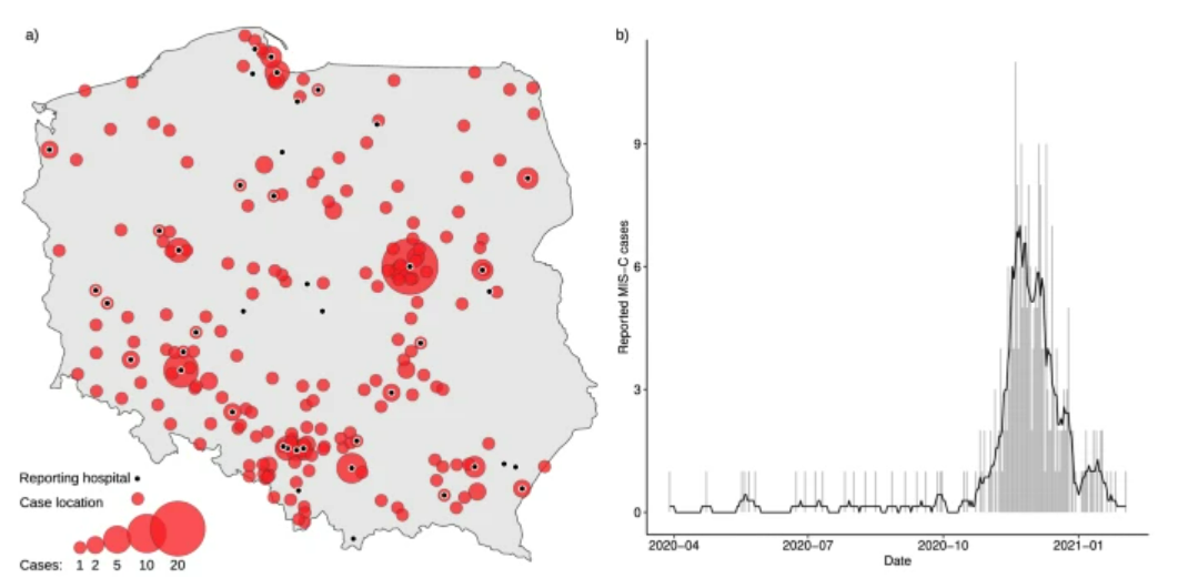 Wykres danych dotyczących charakterystyki wieloukładowego zespołu zapalnego u dzieci w Polsce